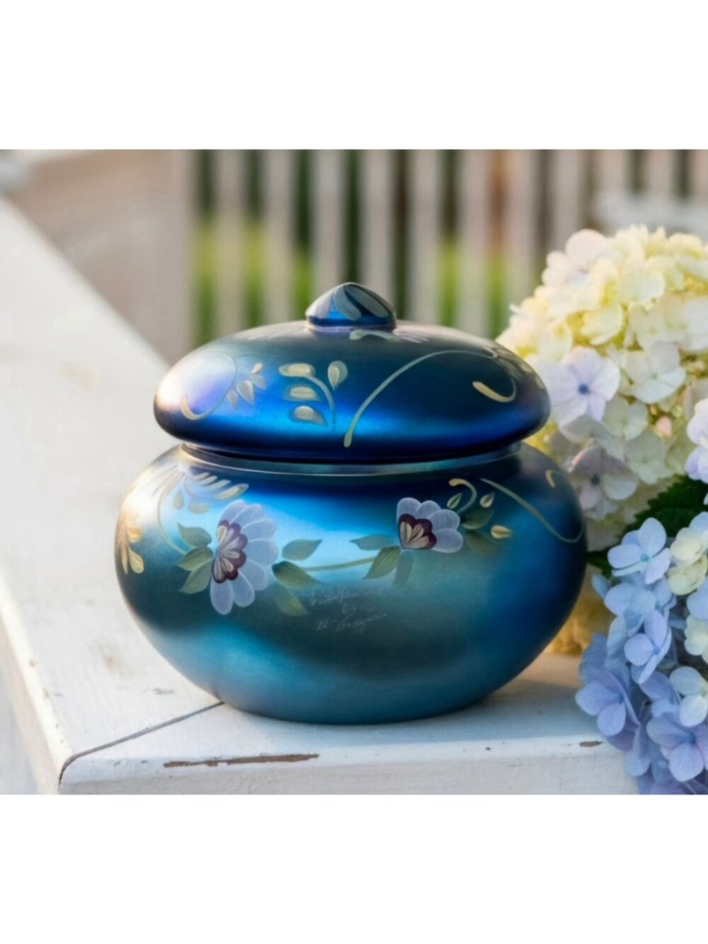 Fenton Glass Favrene Puff Box Honor Collection Cobalt Hand Painted, Signed Numbe